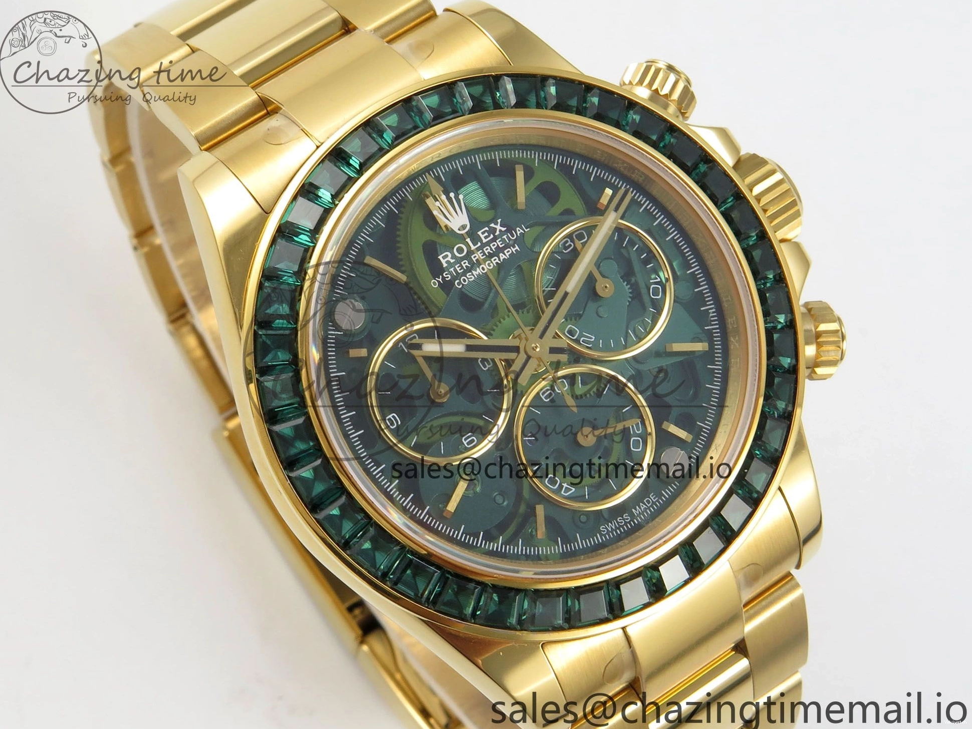 Bezel YG Crystals MPF SA4801 Skeleton Bracelet Custom 40mm Modded Green Dial Daytona on 0427